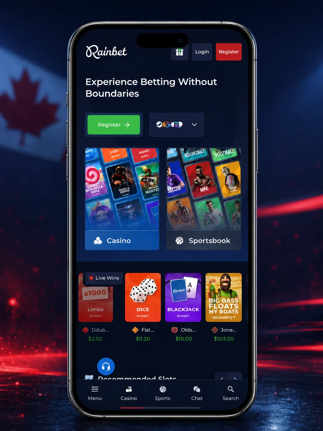 Rainbet mobile casino app account screen