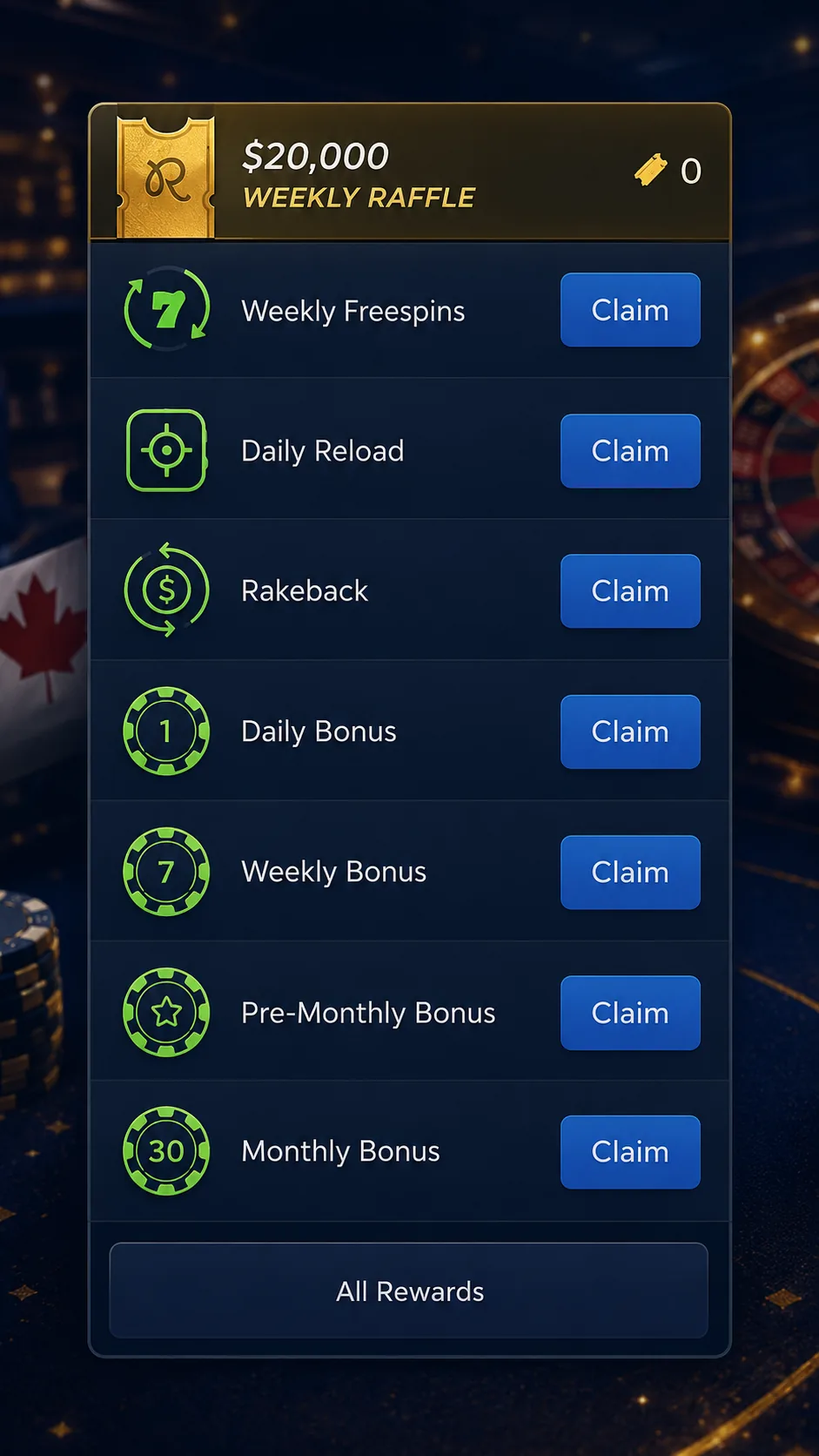 Rainbet rewards menu mobile screen